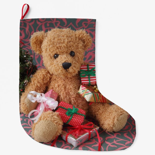 Teddy bear with many Christmas gifts Large Christmas Stocking (Front)