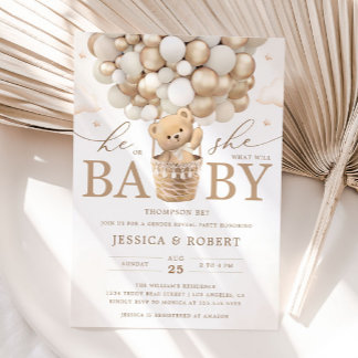 Teddy Bear with Neutral Balloons Gender Reveal Invitation