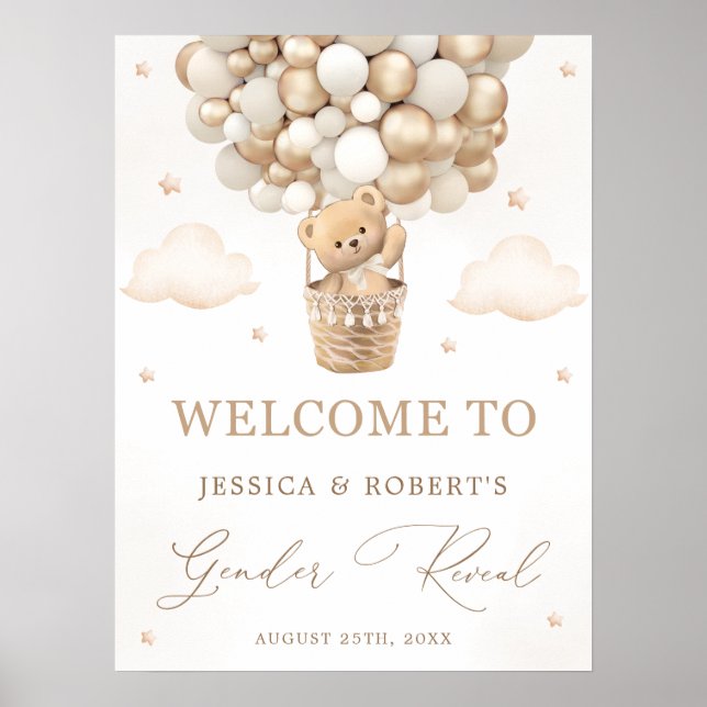 Teddy Bear with Neutral Balloons Gender Reveal Poster (Front)