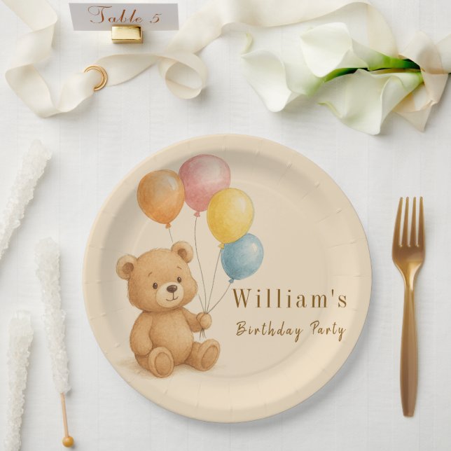 Teddy Bear with Pastel Balloons Paper Plate (Wedding)