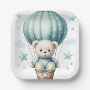 TEDDY BEAR WITH PASTEL GREEN BALLOON PAPER PLATE