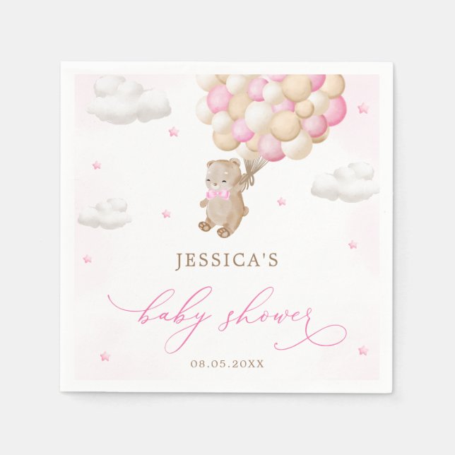 Teddy Bear with Pink Balloons Baby Shower Napkin (Front)
