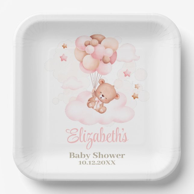 Teddy Bear with Pink Balloons Baby Shower  Paper Plate (Front)