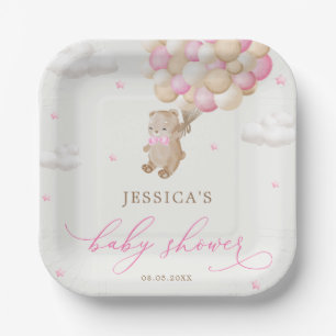 Teddy Bear with Pink Balloons Baby Shower Paper Plate