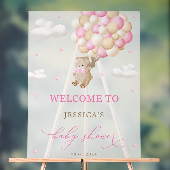 Teddy Bear with Pink Balloons Baby Shower Welcome Acrylic Sign (Neutral)
