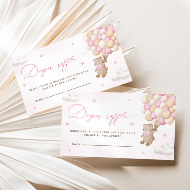 Teddy Bear with Pink Balloons Diaper Raffle Enclosure Card (Creator Uploaded)