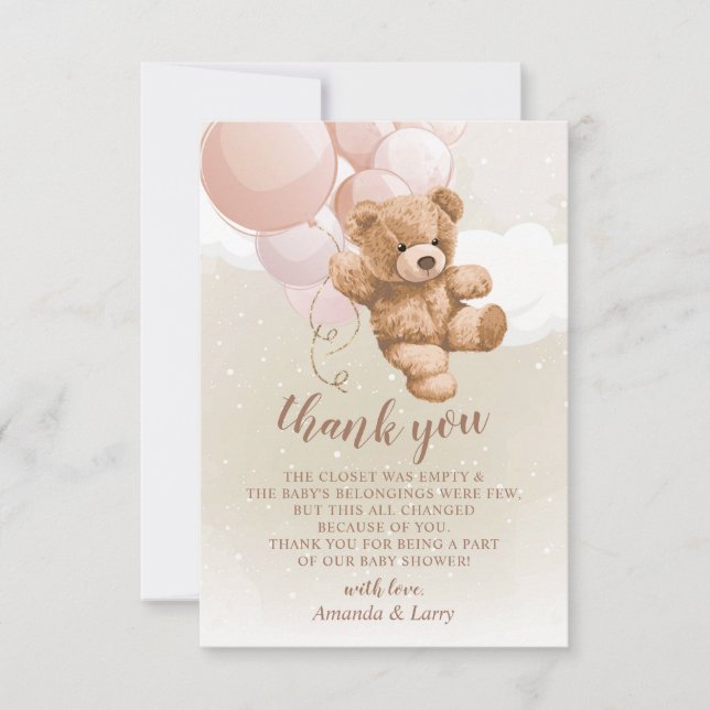 Teddy Bear with Pink Balloons Thank You Card (Front)
