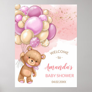 Teddy Bear with Pink Balloons Welcome Sign