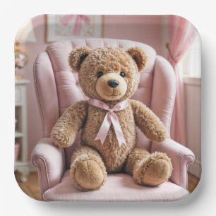 Teddy Bear With Pink Bow Paper Plate