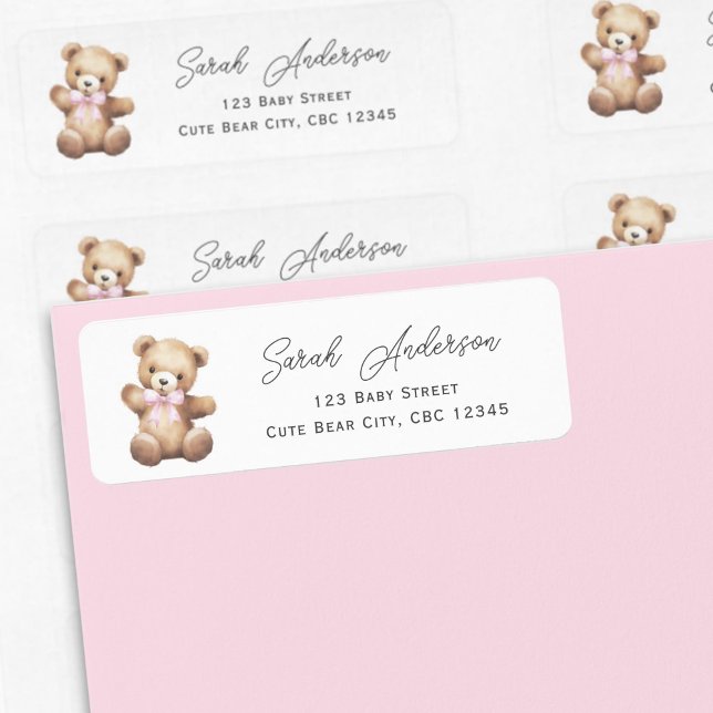 Teddy Bear with Pink Ribbon Baby Girl Shower (Pink Teddy Bear Return Labels.)