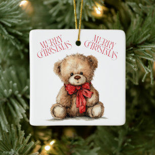 Teddy Bear with Red Bow   Merry Christmas Ornament