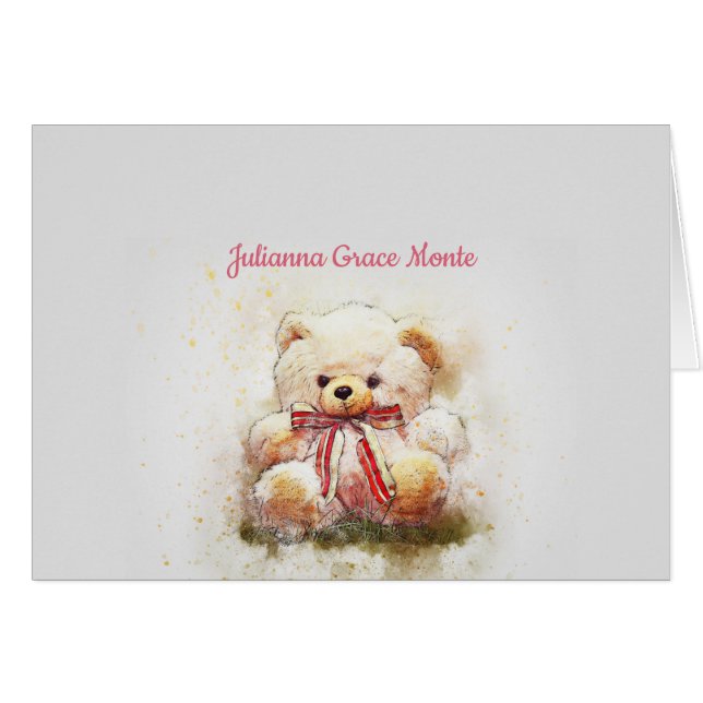 Teddy Bear with Red Bow Photo Thank You Notecard (Front Horizontal)