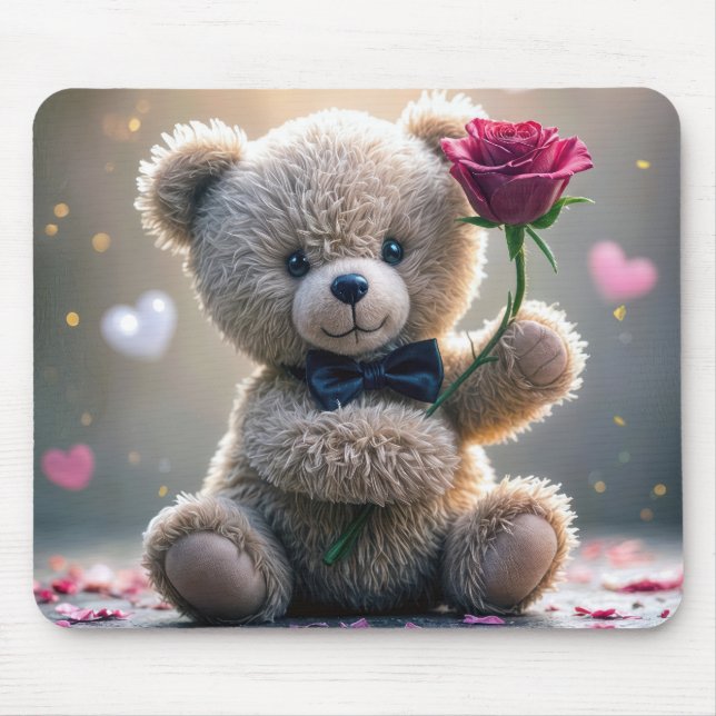 Teddy Bear With Red Rose Mouse Mat (Front)