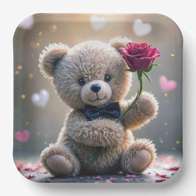 Teddy Bear With Red Rose Paper Plate (Front)
