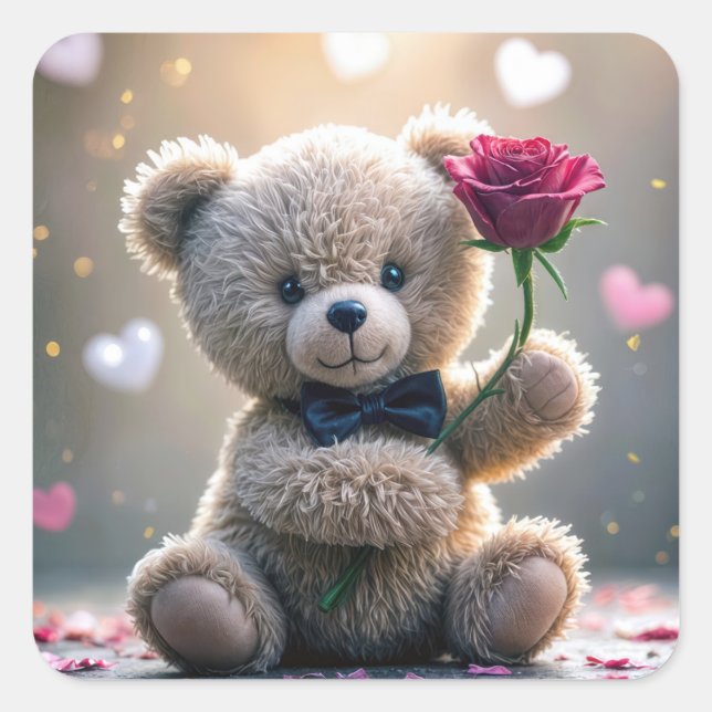 Teddy Bear With Red Rose Square Sticker (Front)