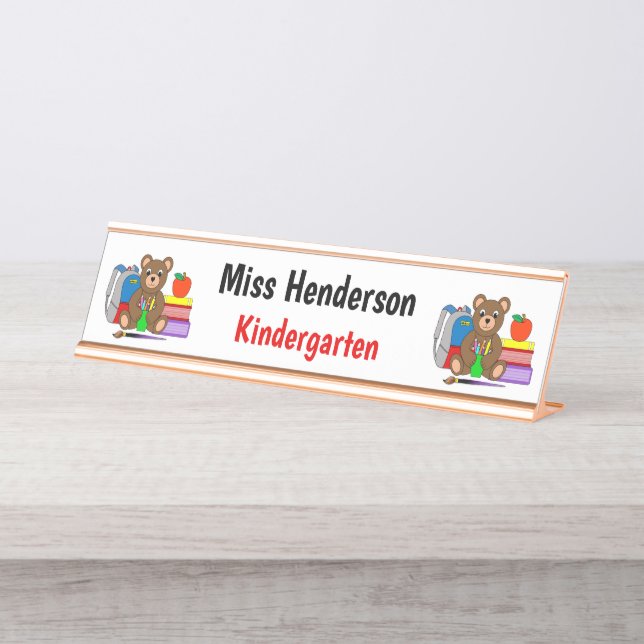 Teddy Bear With School Supplies Teacher's  Desk Name Plate (Front)