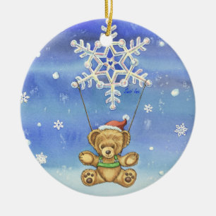 Teddy Bear with Snowflake Parachute Ceramic Tree Decoration
