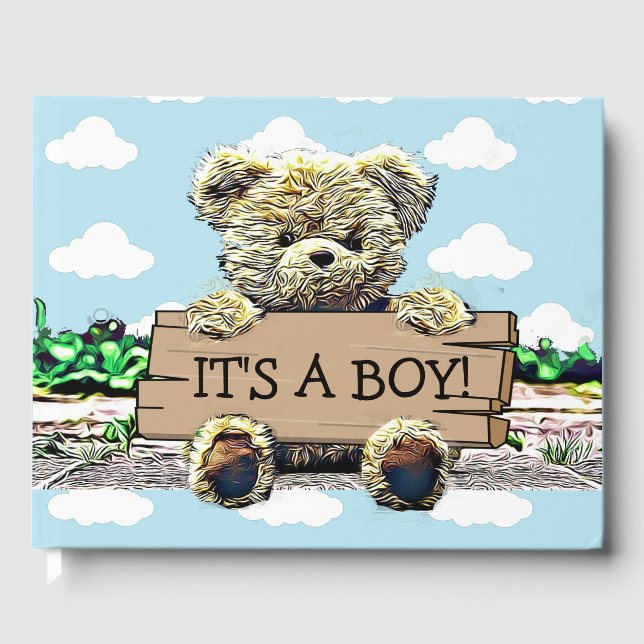 Teddy Bear with Wood Sign Baby Shower Guest Book (Front)