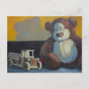 Teddy bear with wooden truck postcard