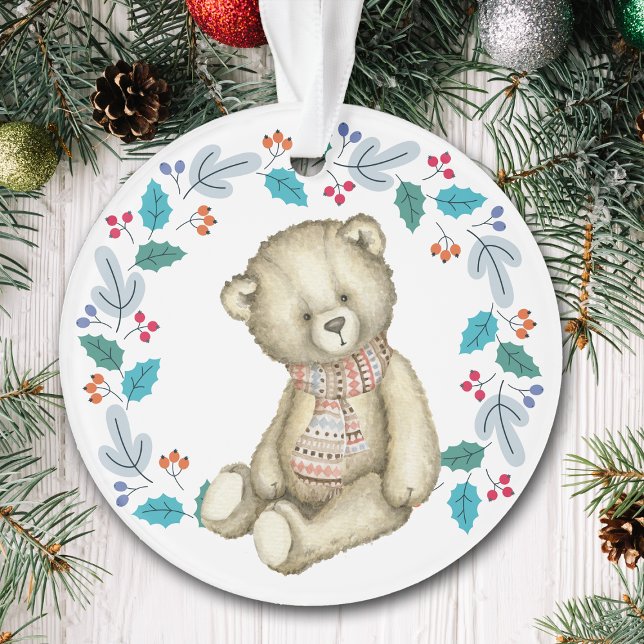 Teddy Bear Wreath Grandchild Holiday Ornament (Creator Uploaded)