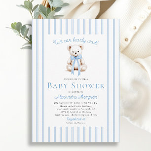 Teddy Bearly Wait Neutral Blue Stripes Baby Shower Invitation