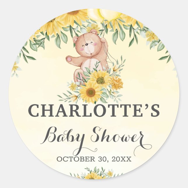 Teddy Bearly Wait Sunflower Greenery Baby Shower   Classic Round Sticker (Front)