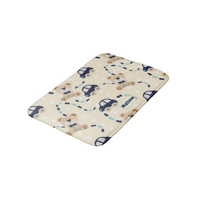 Teddy Bears and Cars Baby Boy Pattern Bath Mat (Angled)