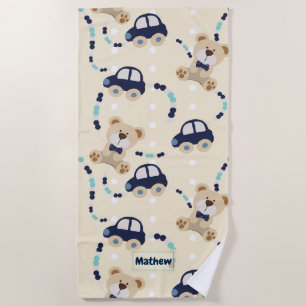 Teddy Bears and Cars Baby Boy Pattern Beach Towel