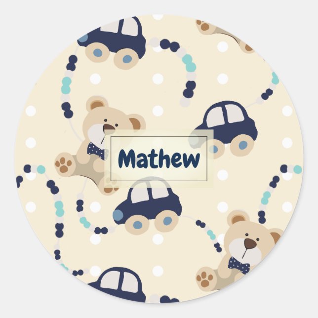 Teddy Bears and Cars Baby Boy Pattern Classic Round Sticker (Front)