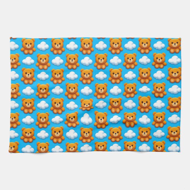 Teddy Bears and Clouds on a Blue Background Tea Towel (Horizontal)