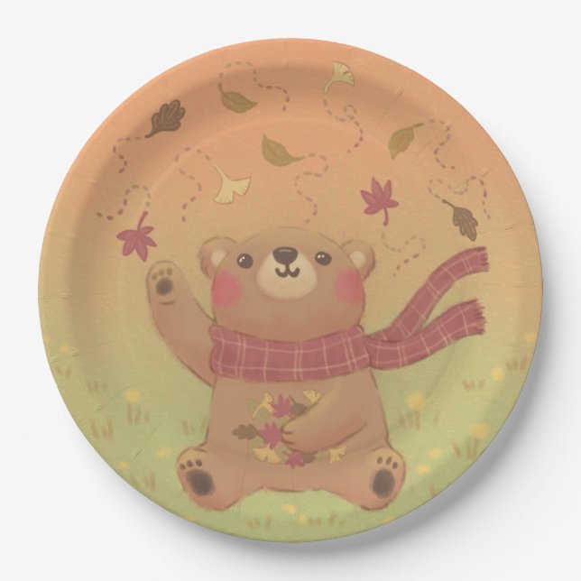 Teddy Bear's Autumn Fall Leaves Paper Plate (Front)
