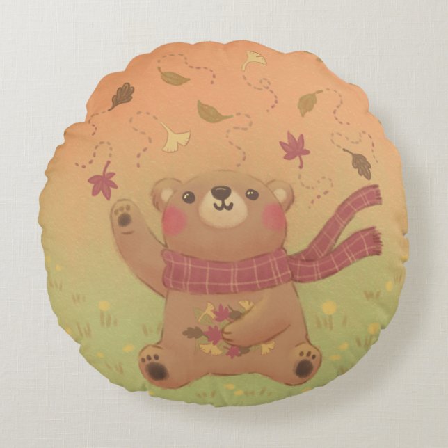 Teddy Bear's Autumn Fall Leaves Round Cushion (Front)