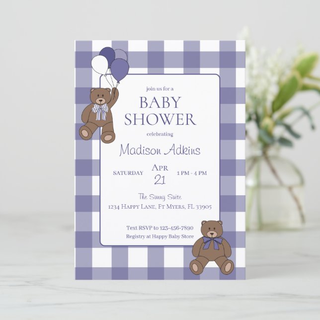 Teddy Bears Baby Girl Purple and White Baby Shower Invitation (Standing Front)