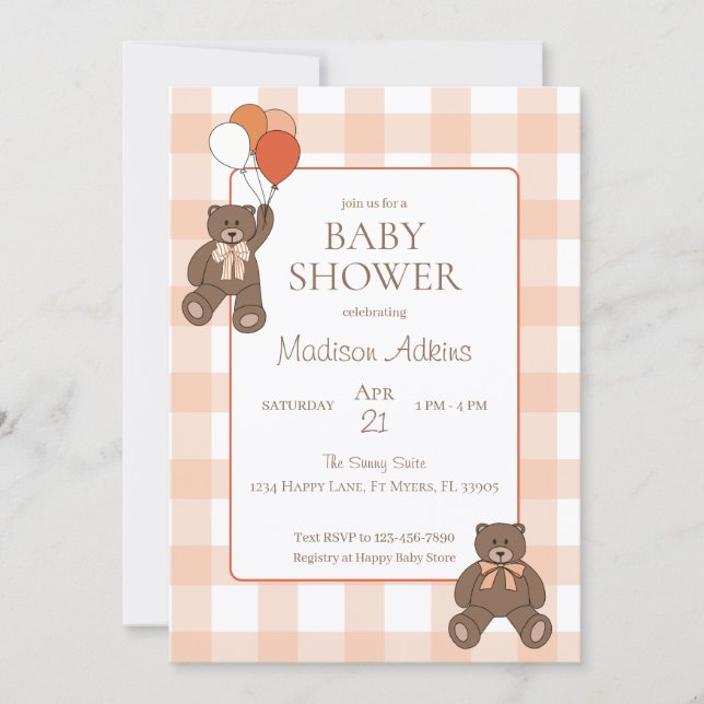 Teddy Bears Baby Shower Balloons Bows Orange Plaid Invitation (Front)