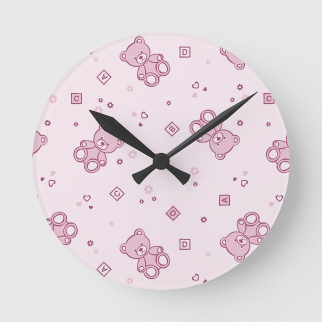 Teddy bears background Pink Round Clock (Front)