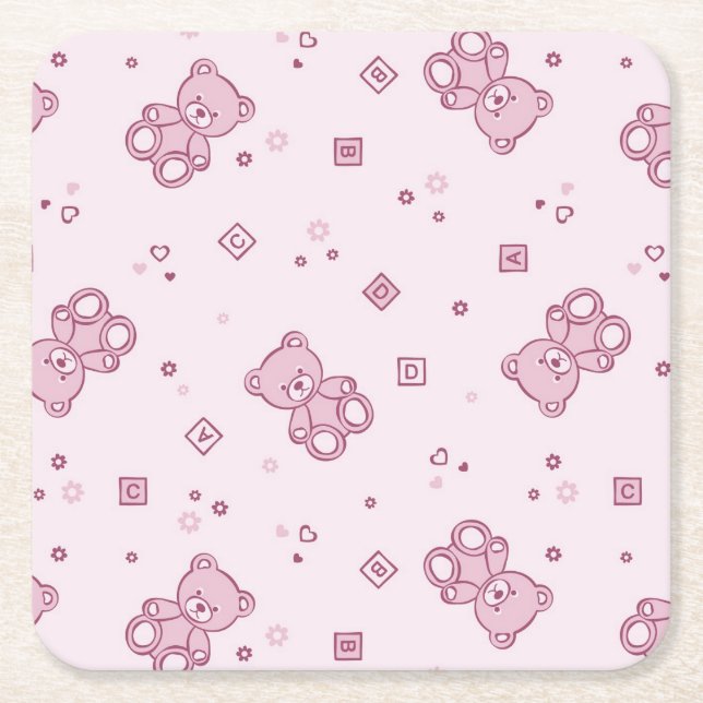 Teddy bears background Pink Square Paper Coaster (Front)