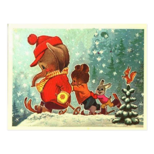 Teddy bears, bearly fun in the snow, Christmas Postcard