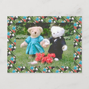 Teddy bears, bearly wedding couple in the garden postcard