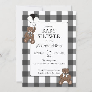 Teddy Bears Black Buffalo Check Baby Shower Invitation