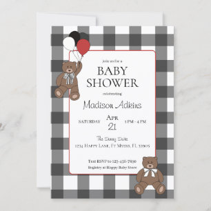 Teddy Bears Black White Buffalo Check Baby Shower Invitation