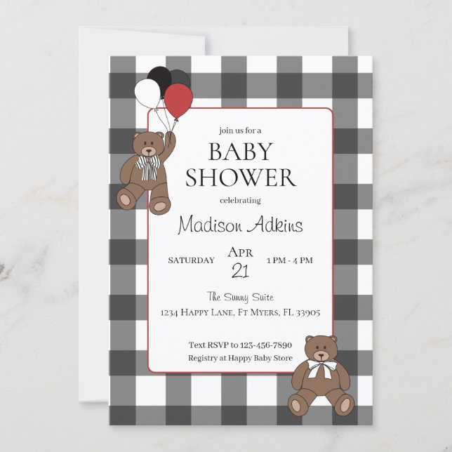 Teddy Bears Black White Buffalo Check Baby Shower Invitation (Front)