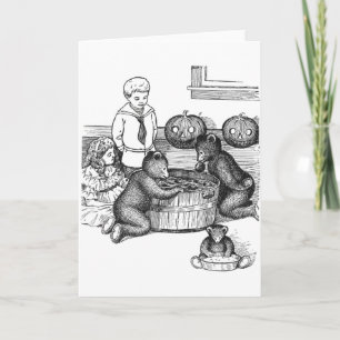 Teddy Bears Bobbing for Apples on Halloween Card
