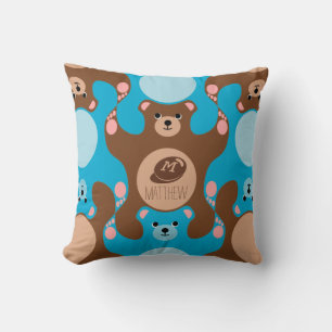 Teddy Bears brown blue Monogram Kid Square Pillow