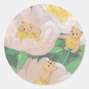Teddy Bears & Flowers Illustration Classic Round Sticker