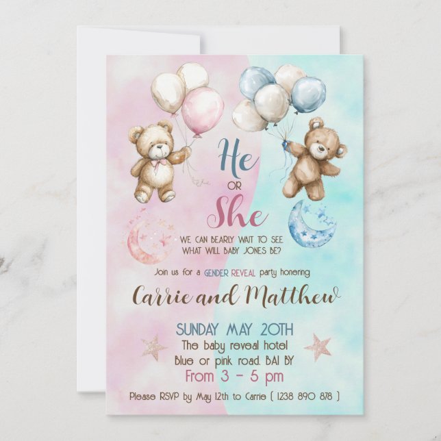 Teddy bears gender reveal invitation (Front)