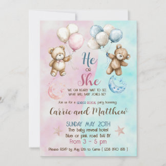 Teddy bears gender reveal invitation