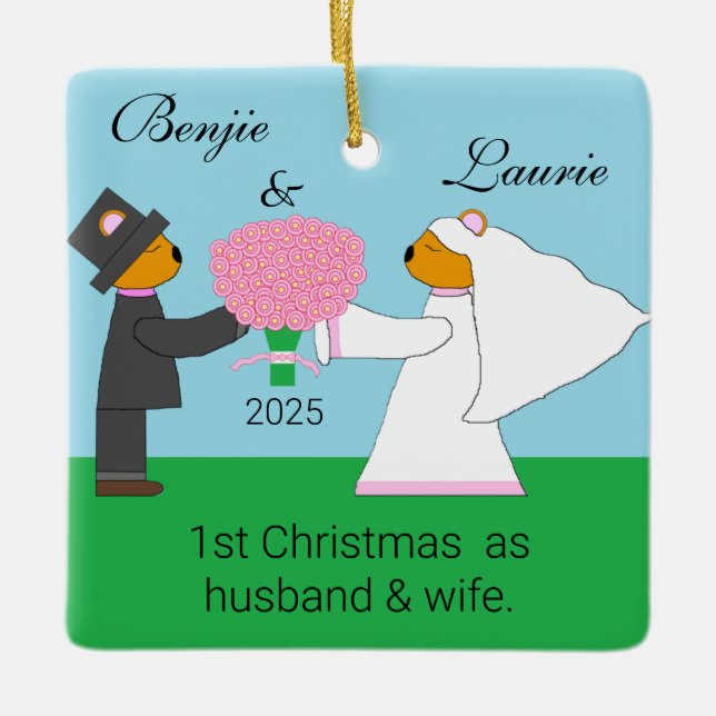 Teddy Bears Getting Married:  Christmas Ceramic Ornament (Front)
