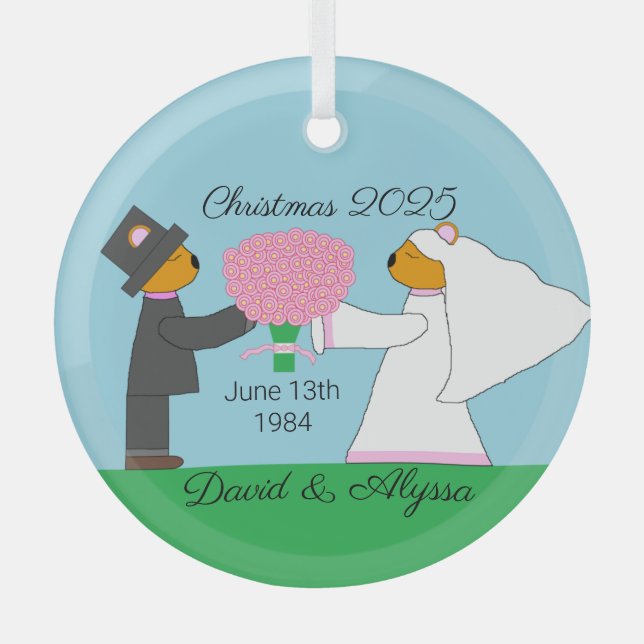 Teddy Bears Getting Married:  Glass Tree Decoration (Front)