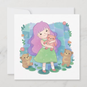 Teddy Bears & Girl Illustration Holiday Card