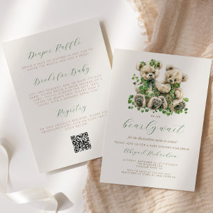 Teddy Bears Green Ivy Twins QR Code Baby Shower Invitation